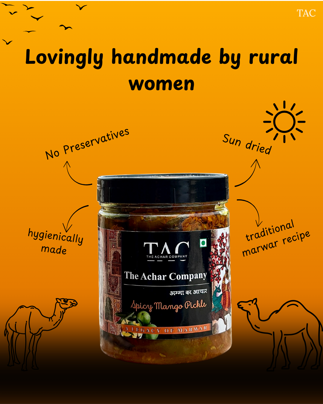 The Achar Company Spicy Mango Pickle 500g | Traditionally Handmade in Rajasthan | Sun-Dried Mangoes | No Preservatives | Made with Organic Mustard Oil from Our Own Farms